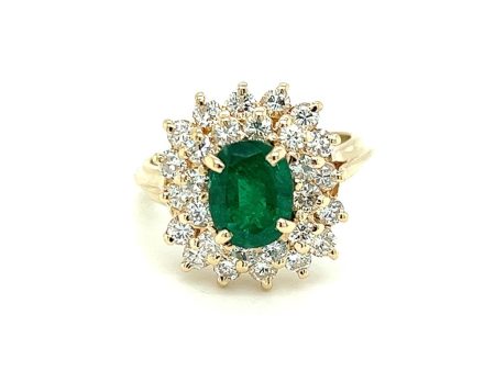 Estate 14K Yellow Gold 3.43ctw Oval Emerald & Diamond Double Halo Ring For Discount