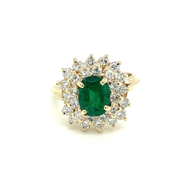 Estate 14K Yellow Gold 3.43ctw Oval Emerald & Diamond Double Halo Ring For Discount