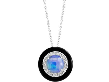 14K White Gold 1.24ctw Opal, Diamond, & Black Enamel Necklace on Sale