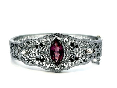 Estate Rhodium Plated Paste Stones Art Deco Bangle Bracelet Fashion