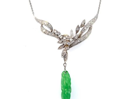 Estate 14K White Gold Carved Jadeite & Diamond Drop Necklace For Cheap