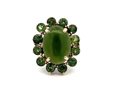 Estate 14K Yellow Gold 9.69ctw Oval Nephrite Jade & Green Sapphire Halo Ring Hot on Sale