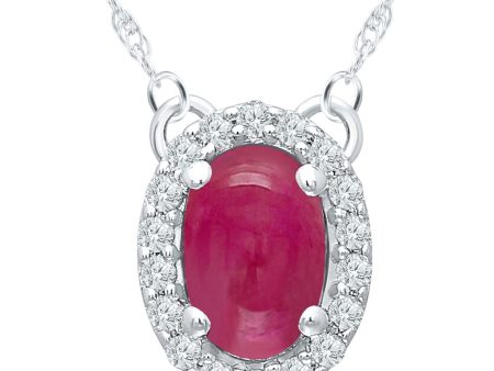 14K White Gold 0.75ctw Oval Cabochon Ruby & Diamond Halo Necklace Discount