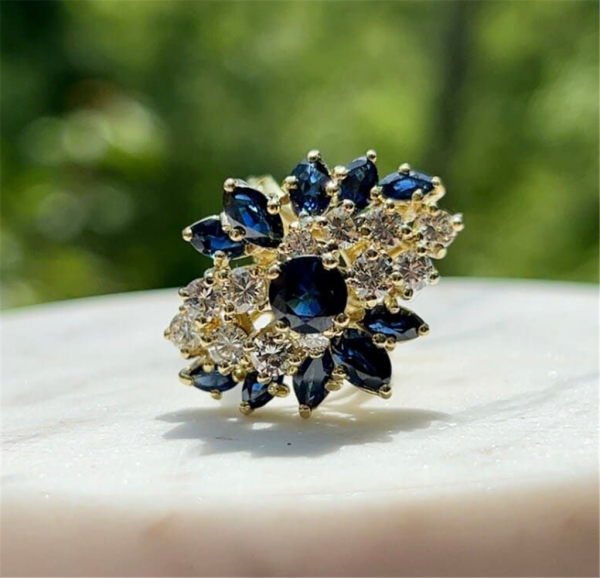 Estate 18K Yellow Gold Blue Sapphire & Diamond Waterfall Ring For Cheap