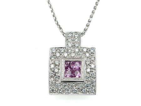 Estate 18K White Gold Pink Sapphire & Diamond Cluster Halo Necklace Online Hot Sale