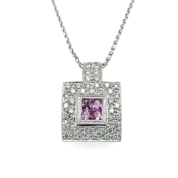 Estate 18K White Gold Pink Sapphire & Diamond Cluster Halo Necklace Online Hot Sale