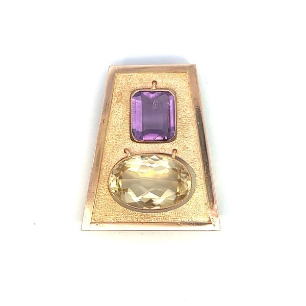 Estate 18K Yellow Gold Amethyst & Citrine Pin Pendant For Sale