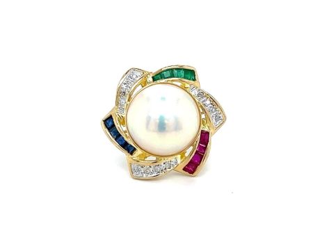 Estate 14K Yellow Gold 14.5mm Mabe Pearl, Gemstone & Diamond Halo Star Ring Cheap