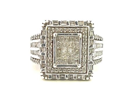 Estate Sterling Silver 1.15ctw Princess Diamond Halo Cluster Ring For Sale