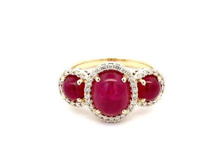 14K Yellow Gold 4.20ctw Lovefirel Ruby & Diamond Halo Three Stone Ring Online Hot Sale