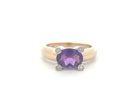 Estate 14K Yellow Gold Oval Amethyst & Diamond Ring For Cheap