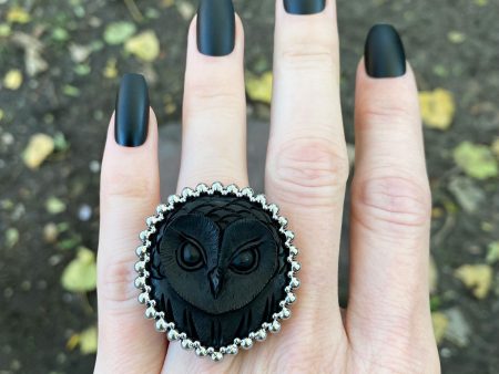 GEMSTONE Carved Black Horn Owl Ring: Size 8 Cheap