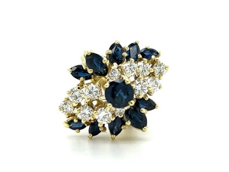 Estate 18K Yellow Gold Blue Sapphire & Diamond Waterfall Ring For Cheap