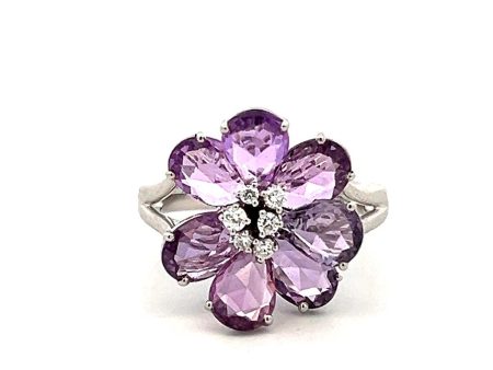 18K White Gold 4.76ctw Briolette Purple Sapphire & Diamond Flower Ring Discount