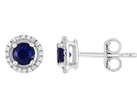 14K White Gold 0.78ctw Round Blue Sapphire & Diamond Halo Stud Earrings Hot on Sale