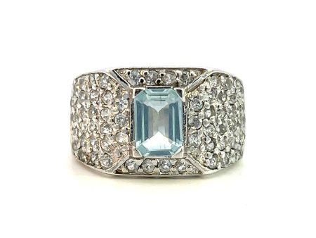 Estate Sterling Silver Emerald Cut Aquamarine & White Sapphire Wide Band For Discount