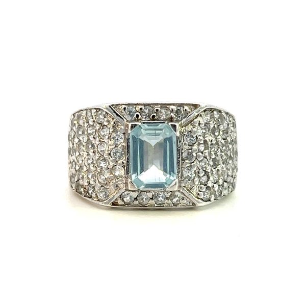 Estate Sterling Silver Emerald Cut Aquamarine & White Sapphire Wide Band For Discount