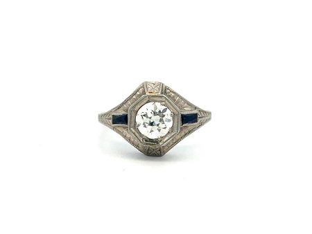 Estate 18K White Gold Old European Cut Diamond & Synthetic Blue Sapphire Art Deco Ring Fashion