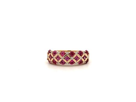 Estate 14K Yellow Gold 1.57ctw Pink Sapphire & Diamond Checkerboard Band Hot on Sale