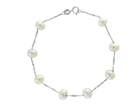 14K White Gold 6-6.5mm Freshwater Pearl Station Bracelet For Sale