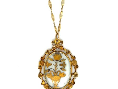 Estate 18K Yellow Gold Victorian Glass Flower Necklace For Cheap