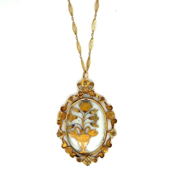 Estate 18K Yellow Gold Victorian Glass Flower Necklace For Cheap