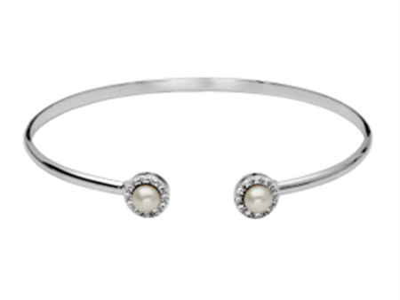 Sterling Silver Pearl and White Topaz Halo Cuff Bracelet by Samuel B. Discount