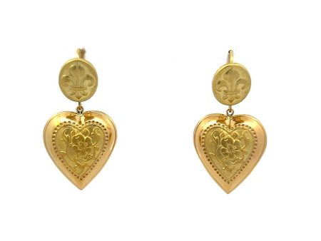 Estate 18K Yellow Gold Fleur-De-Lis Heart Drop Earrings Hot on Sale