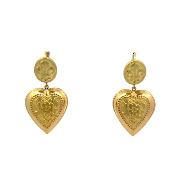 Estate 18K Yellow Gold Fleur-De-Lis Heart Drop Earrings Hot on Sale