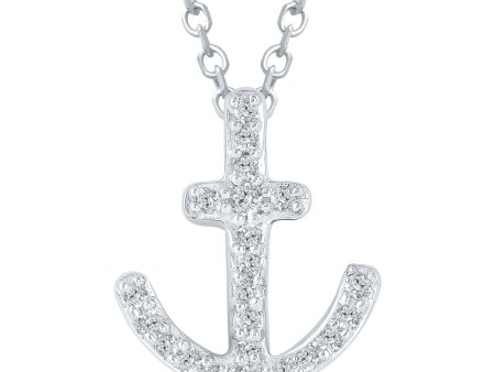 Sterling Silver 0.10ctw Round Diamond Anchor Pendant Necklace on Sale