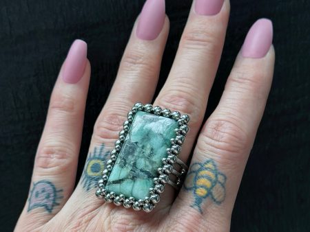 GEMSTONE Large Rectangular Emerald in Black Matrix Ring: Size 9-9.25 Online