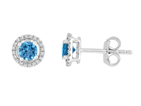 14K White Gold 0.64ctw Blue Topaz & Diamond Halo Stud Earrings Discount