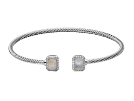 Sterling Silver Emerald Cut Rainbow Moonstone & White Topaz Cuff Bracelet by Samuel B. Fashion