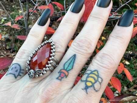 GEMSTONE Carnelian Teardrop With Winged Skull Ring: Size 7 Supply