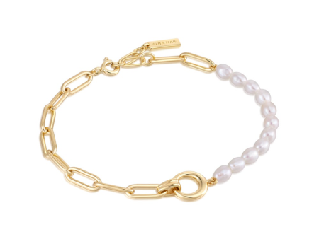 14K Yellow Gold Plated Paperclip Chain & Pearl Strand Bracelet by Ania Haie Online now