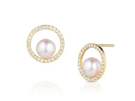 18K Yellow Gold 6-6.5mm Cultured Akoya Pearl & Diamond Open Circle Stud Earrings Supply