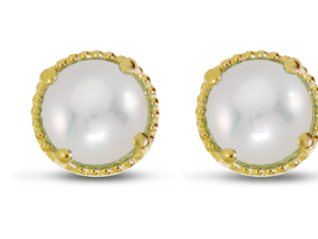 14K Yellow Gold 4mm Pearl Milgrain Stud Earrings Online Sale