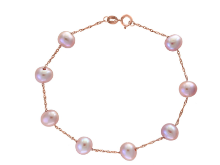 14K Rose Gold 6-6.5mm Natural Pink Freshwater Pearl Station Bracelet For Discount