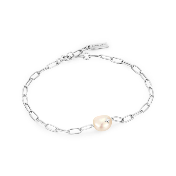 Sterling Silver Paperclip Chain Pearl Sparkle Bracelet by Ania Haie Hot on Sale