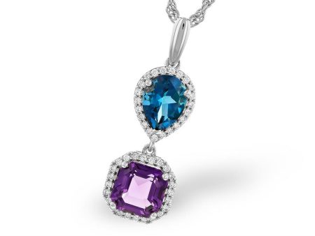 14K White Gold 2.66ctw Blue Topaz & Amethyst Diamond Halo Drop Necklace by Allison Kaufman Online