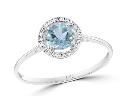 14K White Gold 0.52ctw Round Aquamarine & Diamond Halo Ring For Discount