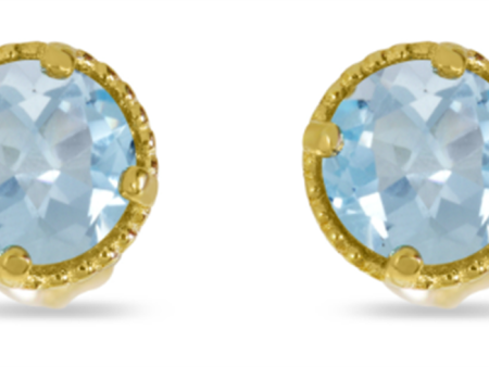 14K Yellow Gold 4mm Round Aquamarine Milgrain Stud Earrings Online Hot Sale