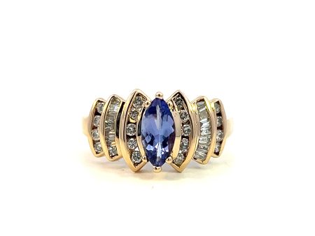 Estate 14K Yellow Gold Marquise Tanzanite & Diamond Multi Row Ring Cheap