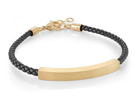 IP Yellow Gold and Leather Men s ID Plate Bracelet Hot on Sale