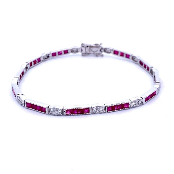 14K White Gold 4.66ctw Ruby & Diamond Antique Style Link Bracelet Sale