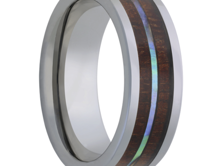 Tungsten 8mm Pipe Cut Men s Wedding Band with Koa Wood & Abalone Inlays Sale