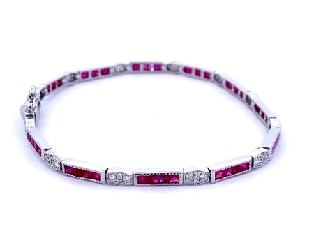 14K White Gold 4.66ctw Ruby & Diamond Antique Style Link Bracelet Sale