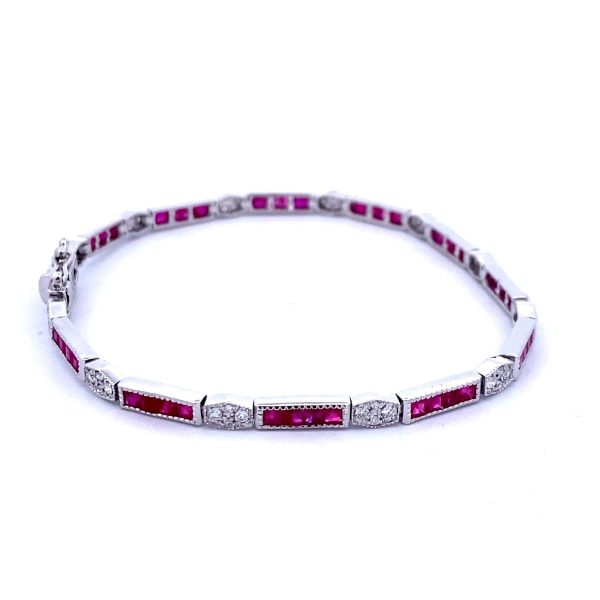 14K White Gold 4.66ctw Ruby & Diamond Antique Style Link Bracelet Sale