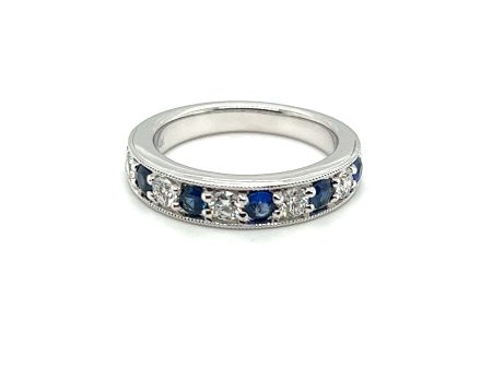 14K White Gold 1.16ctw Blue Sapphire & Diamond Alternating Wedding Band Fashion