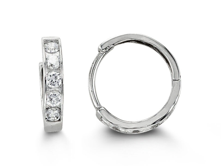 14K White Gold Cubic Zirconia Channel Hoop Kid s Earrings For Sale